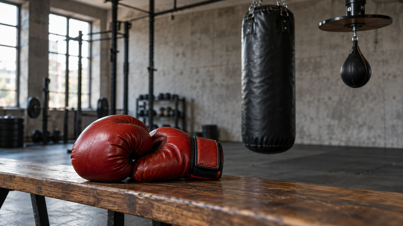 Gants de boxe rouges sur un banc devant un sac de frappe et une poire de vitesse