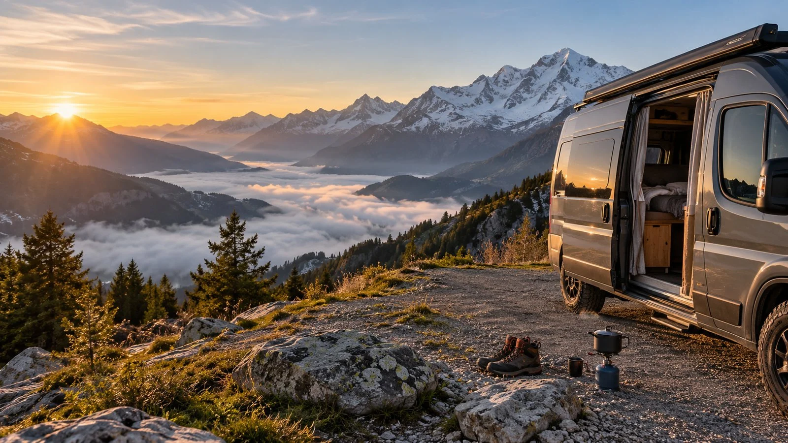 Van aménagé garé sur un belvédère alpin au lever du soleil, chaussures de rando et réchaud devant