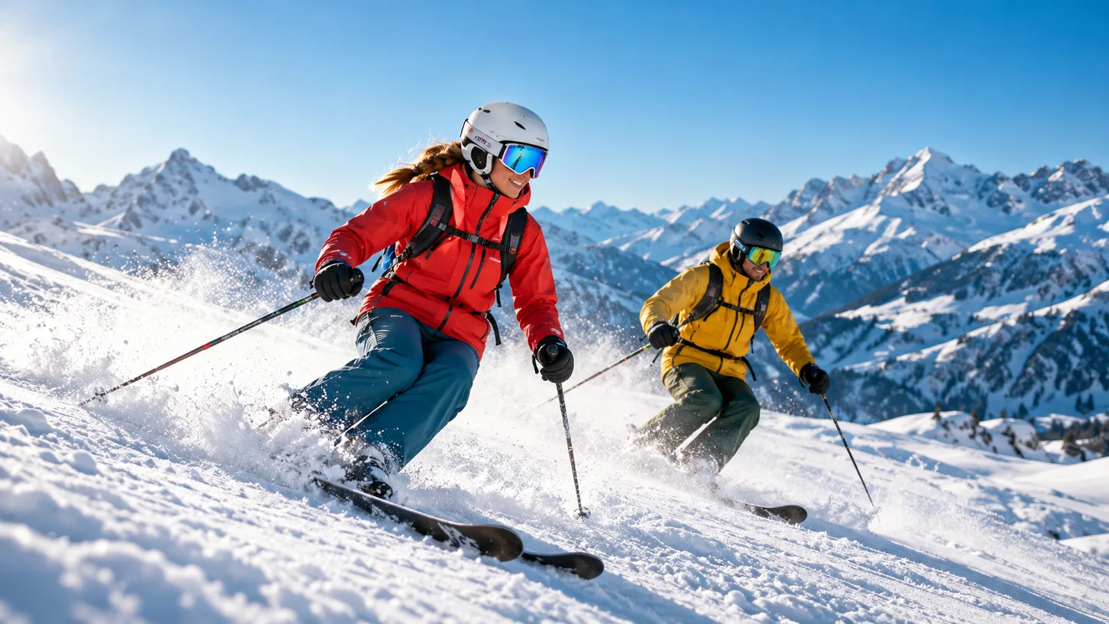 Deux skieurs en tenue technique descendant une piste enneigée dans les Alpes